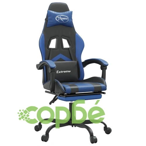 Въртящ гейминг стол с опора за крака черно-син изкуствена кожа ➤ топ цена ➤ sorbe.bg