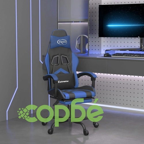 Въртящ гейминг стол с опора за крака черно-син изкуствена кожа ➤ топ цена ➤ sorbe.bg