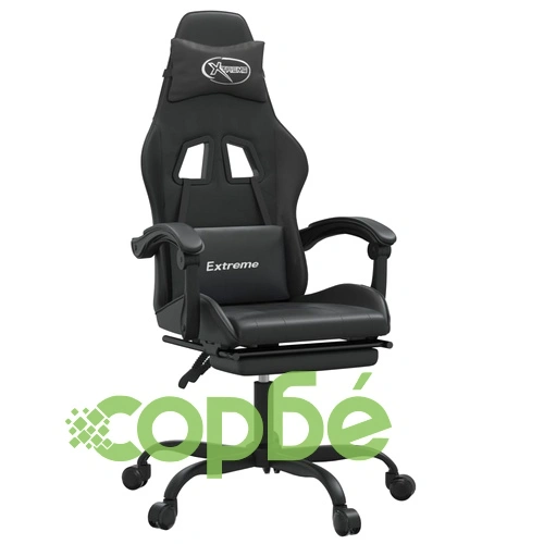 Въртящ гейминг стол с опора за крака, черен, изкуствена кожа ➤ топ цена ➤ sorbe.bg