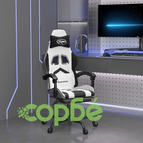 Въртящ гейминг стол с опора за крака бяло-черен изкуствена кожа ➤ топ цена ➤ sorbe.bg