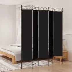 Параван за стая, 5 панела, черен, 200x220 см, текстил