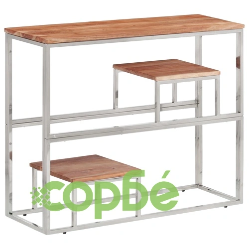 Конзолна маса, сребриста, неръждаема стомана и дърво масив ➤ топ цена ➤ sorbe.bg