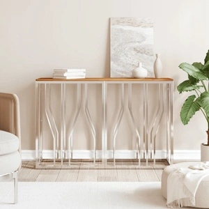 Конзолна маса, сребриста, неръждаема стомана и дърво масив