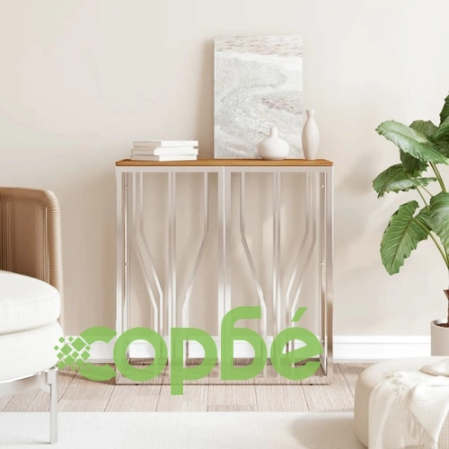 Конзолна маса, сребриста, неръждаема стомана и дърво масив ➤ топ цена ➤ sorbe.bg