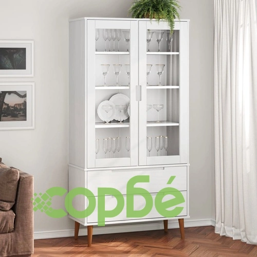 Шкаф витрина MOLDE, бял, 90x35x175 см, бор масив ➤ топ цена ➤ sorbe.bg