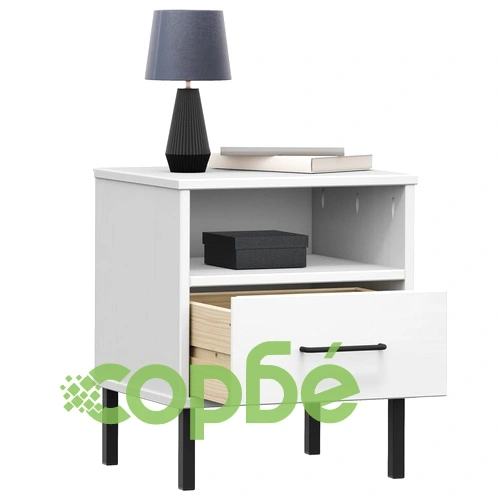 Нощно шкафче с метални крака бяло бор масив OSLO ➤ топ цена ➤ sorbe.bg