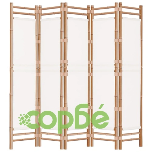 Сгъваема 5-панелна преграда за стая 200 см бамбук и платно ➤ топ цена ➤ sorbe.bg