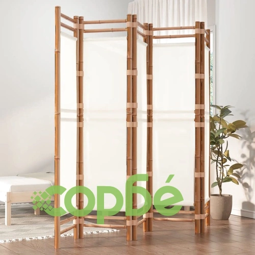 Сгъваема 5-панелна преграда за стая 200 см бамбук и платно ➤ топ цена ➤ sorbe.bg