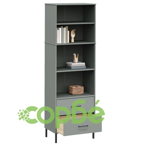 Библиотека с 2 чекмеджета сива 60x35x180 см масивно дърво OSLO ➤ топ цена ➤ sorbe.bg