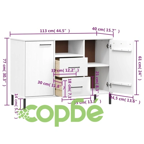 Бюфет с метални крака бял 113x40x77 см масивно дърво OSLO ➤ топ цена ➤ sorbe.bg