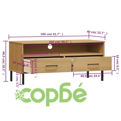 ТВ шкаф с метални крака, кафяв, бор масив, OSLO ➤ топ цена ➤ sorbe.bg