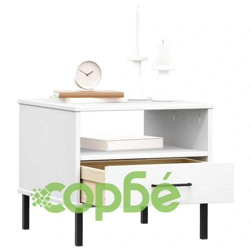 Нощна масичка с метални крака бяла бор масив OSLO ➤ топ цена ➤ sorbe.bg