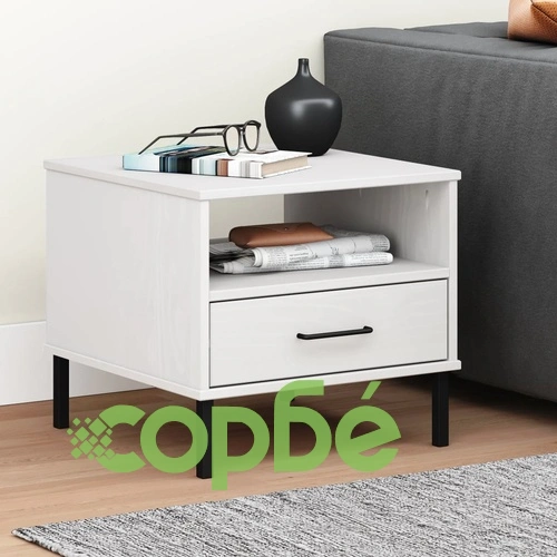 Нощна масичка с метални крака бяла бор масив OSLO ➤ топ цена ➤ sorbe.bg