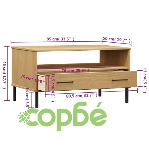 Кафе маса с метални крака кафява 85x50x45 см масивно дърво OSLO ➤ топ цена ➤ sorbe.bg