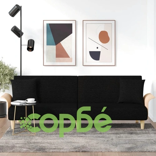 Разтегателен диван с подлакътници, черен, плат ➤ топ цена ➤ sorbe.bg