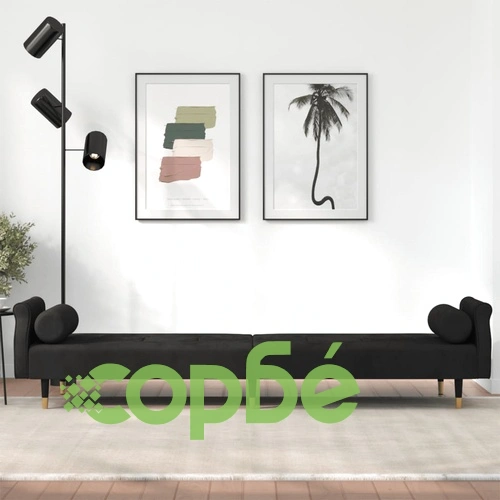 Разтегателен диван с възглавници, черен, кадифе ➤ топ цена ➤ sorbe.bg