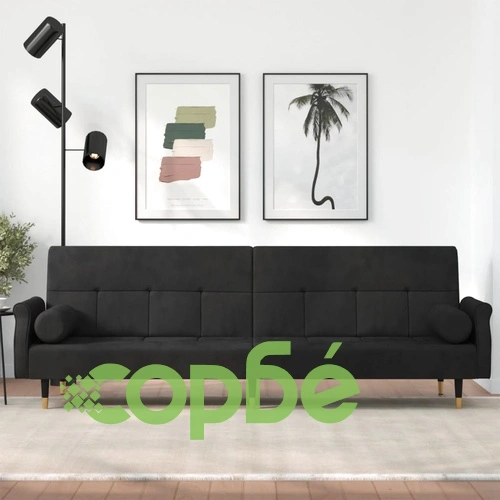 Разтегателен диван с възглавници, черен, кадифе ➤ топ цена ➤ sorbe.bg