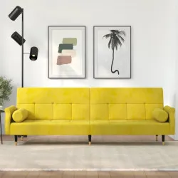 Разтегателен диван с възглавници, жълт, кадифе
