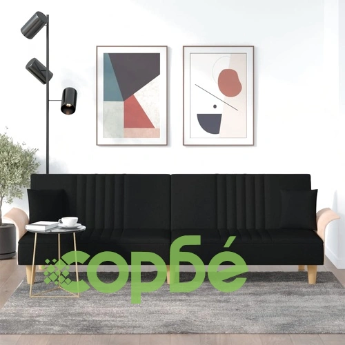 Разтегателен диван с подлакътници, черен, плат ➤ топ цена ➤ sorbe.bg