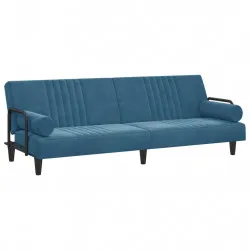 Разтегателен диван с подлакътници, син, кадифе