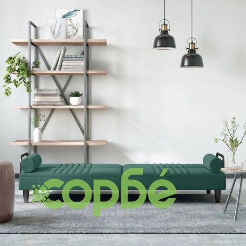 Разтегателно канапе с подлакътници, тъмнозелено, кадифе ➤ топ цена ➤ sorbe.bg
