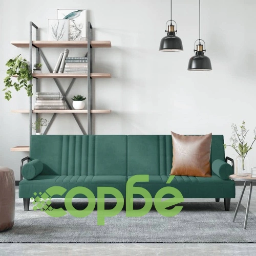 Разтегателно канапе с подлакътници, тъмнозелено, кадифе ➤ топ цена ➤ sorbe.bg