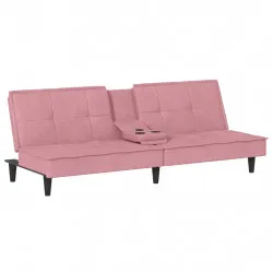 Разтегателен диван с поставки за чаши, розов, кадифе