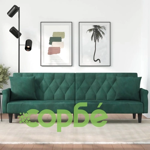 Разтегателно канапе с подлакътници, тъмнозелено, кадифе ➤ топ цена ➤ sorbe.bg