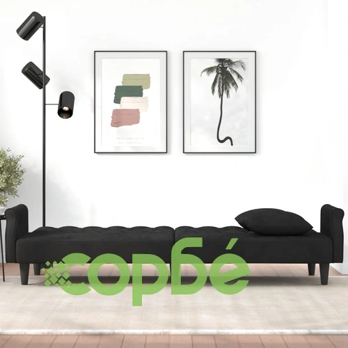 Разтегателен диван с подлакътници, черен, кадифе ➤ топ цена ➤ sorbe.bg