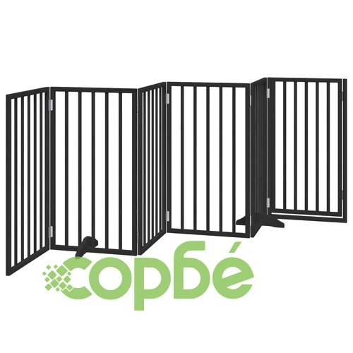 Сгъваема преграда за куче с врата 6 панела черна 300 см топола ➤ топ цена ➤ sorbe.bg