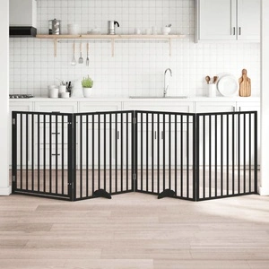 Сгъваема преграда за куче с врата 4 панела черна 320 см топола