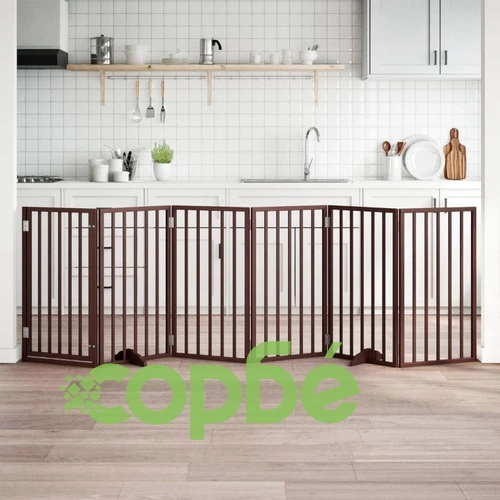 Сгъваема преграда за куче с врата 6 панела кафява 300 см топола ➤ топ цена ➤ sorbe.bg