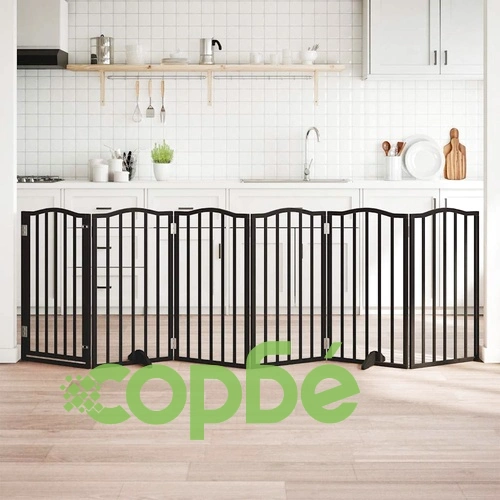 Сгъваема преграда за куче с врата 6 панела черна 300 см топола ➤ топ цена ➤ sorbe.bg