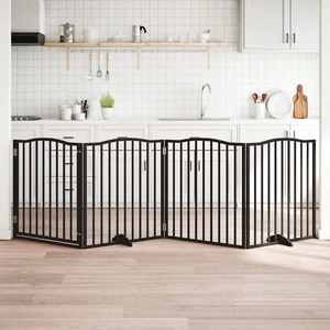 Сгъваема преграда за куче с врата 4 панела черна 320 см топола