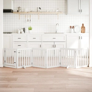 Сгъваема преграда за кучета с врата 6 панела бял 300 см топола