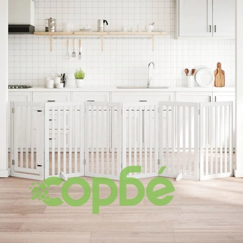 Сгъваема преграда за кучета с врата 6 панела бял 300 см топола ➤ топ цена ➤ sorbe.bg