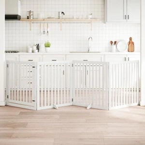 Сгъваема преграда за кучета с врата 4 панела бял 320 см топола