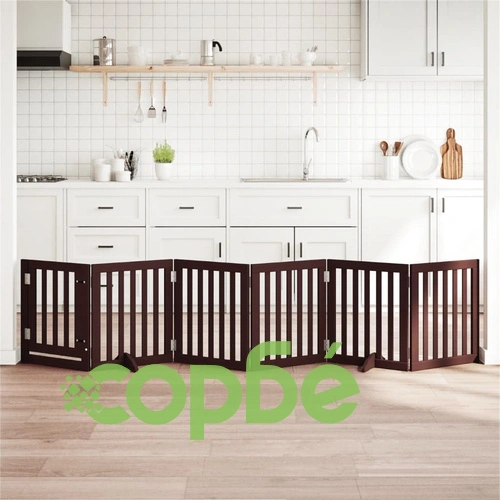 Сгъваема преграда за куче с врата 6 панела кафява 300 см топола ➤ топ цена ➤ sorbe.bg