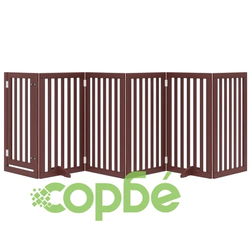 Сгъваема преграда за куче с врата 6 панела кафява 300 см топола ➤ топ цена ➤ sorbe.bg