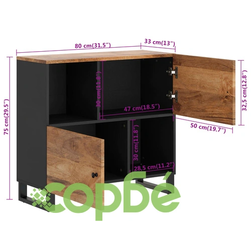 Сайдборд с 2 врати, 80x33x75 см, мангово дърво масив ➤ топ цена ➤ sorbe.bg