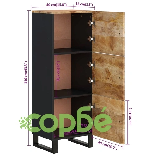 Висок шкаф с 3 врати 40x33x110 см масивно дърво манго и желязо ➤ топ цена ➤ sorbe.bg