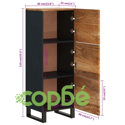 Висок шкаф с 3 врати 40x33x110 см масивно дърво манго и желязо ➤ топ цена ➤ sorbe.bg