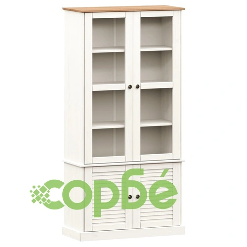 Стъклен шкаф витрина VIGO бял 85x35x170 см бор масив ➤ топ цена ➤ sorbe.bg