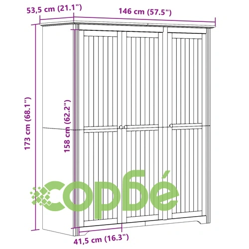 Гардероб BODO, сив, 146x53,5x173 см, бор масив ➤ топ цена ➤ sorbe.bg