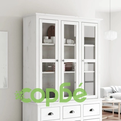 Шкаф със стъклени врати BODO, бял, бор масив ➤ топ цена ➤ sorbe.bg