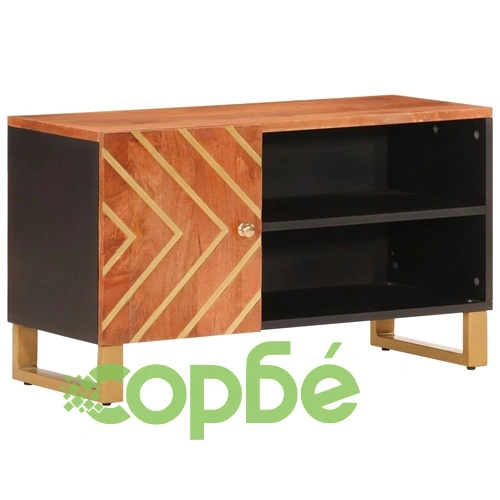 ТВ шкаф, кафяво и черно, 80x31,5x46 см, масивно мангово дърво ➤ топ цена ➤ sorbe.bg