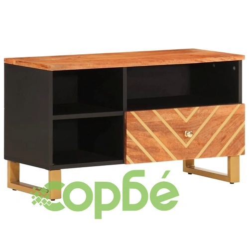 ТВ шкаф, кафяво и черно, 80x33,5x46 см, масивно мангово дърво ➤ топ цена ➤ sorbe.bg