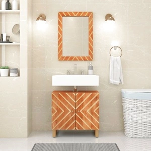 Шкаф за мивка за баня, кафяво и черно, масивно мангово дърво