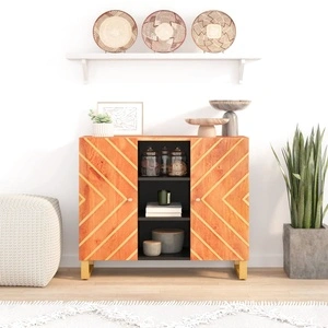 Страничен шкаф, кафяво и черно, 90x33,5x75 см, манго масив