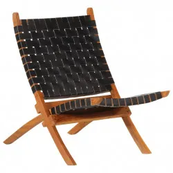 Сгъваем релаксиращ стол, черен, естествена кожа